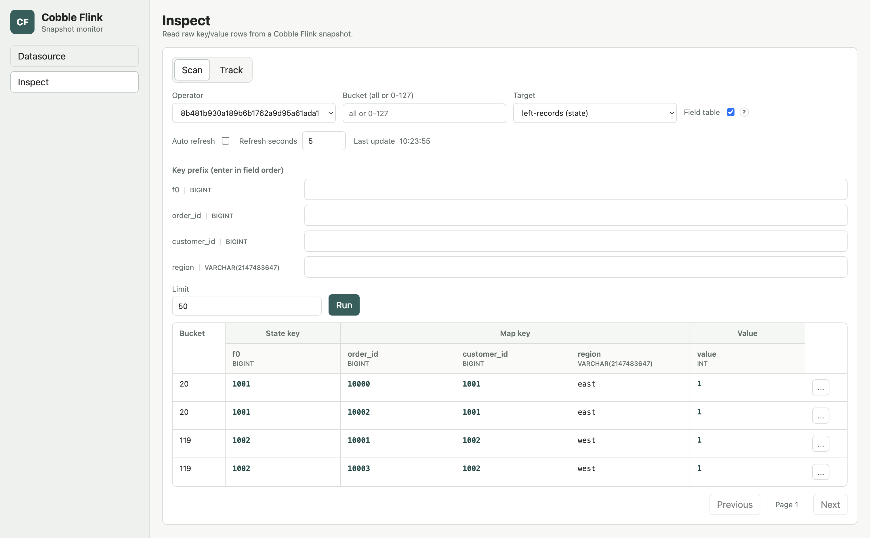 SQL state field table inspect